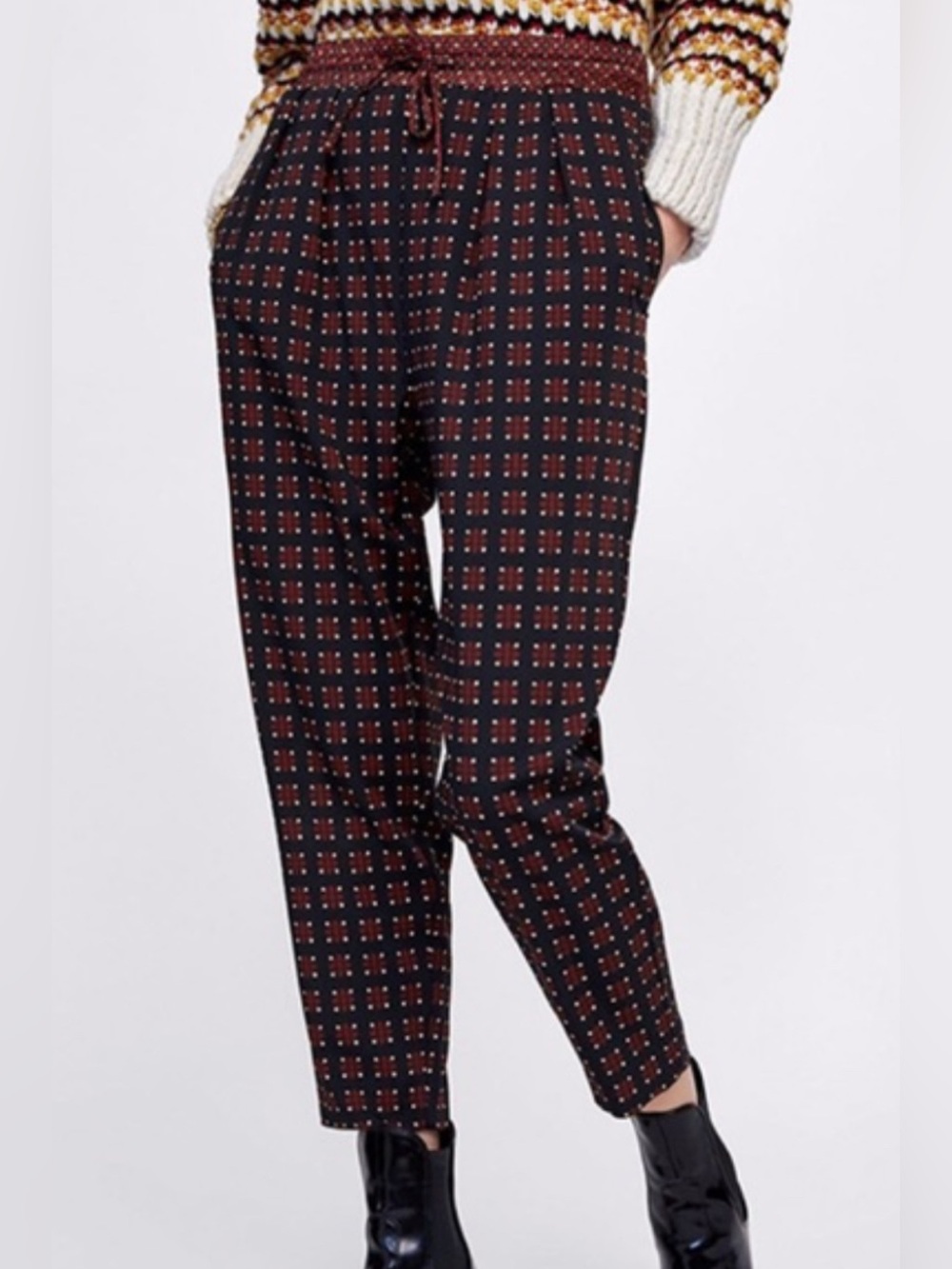 Zara Basic Pants Black Burgundy Geometric Print Elastic Drawstring Waist Size M
